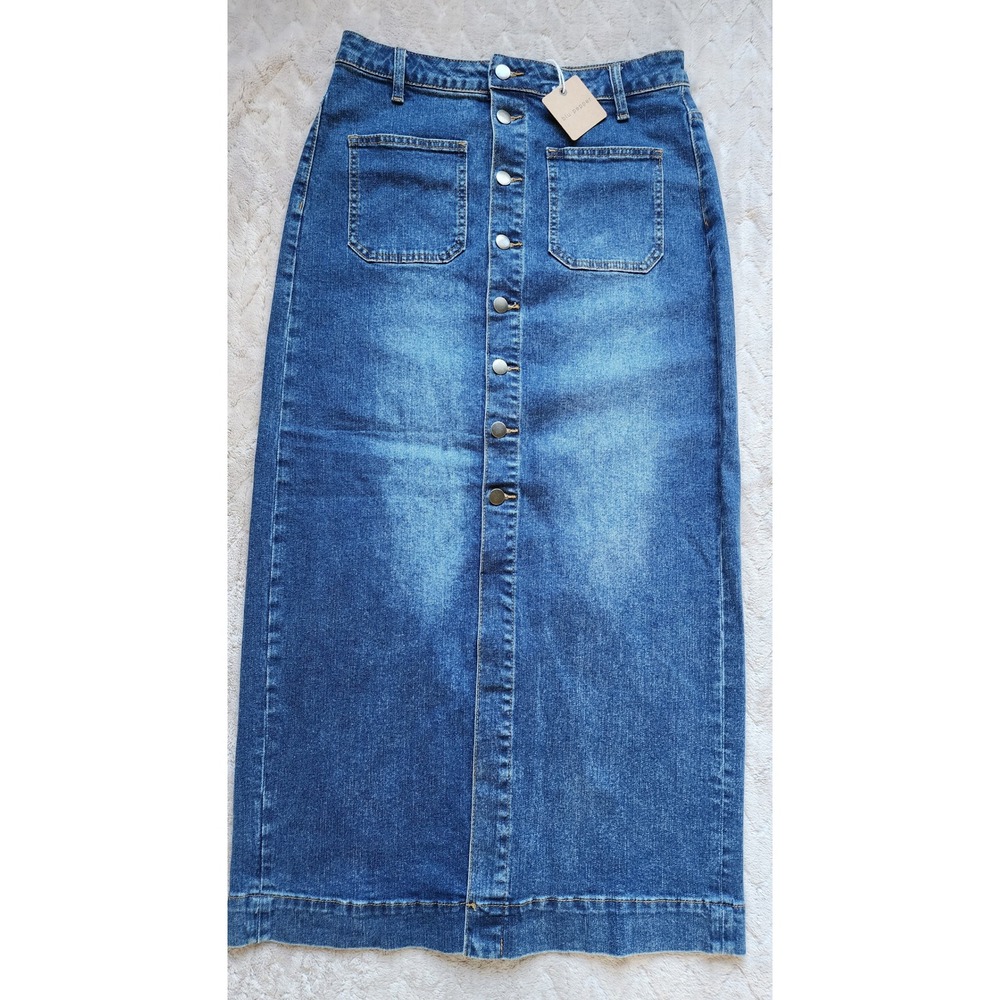 Blu Pepper Womens Blue Button Down Stretch Denim Midi Skirt Large NWT